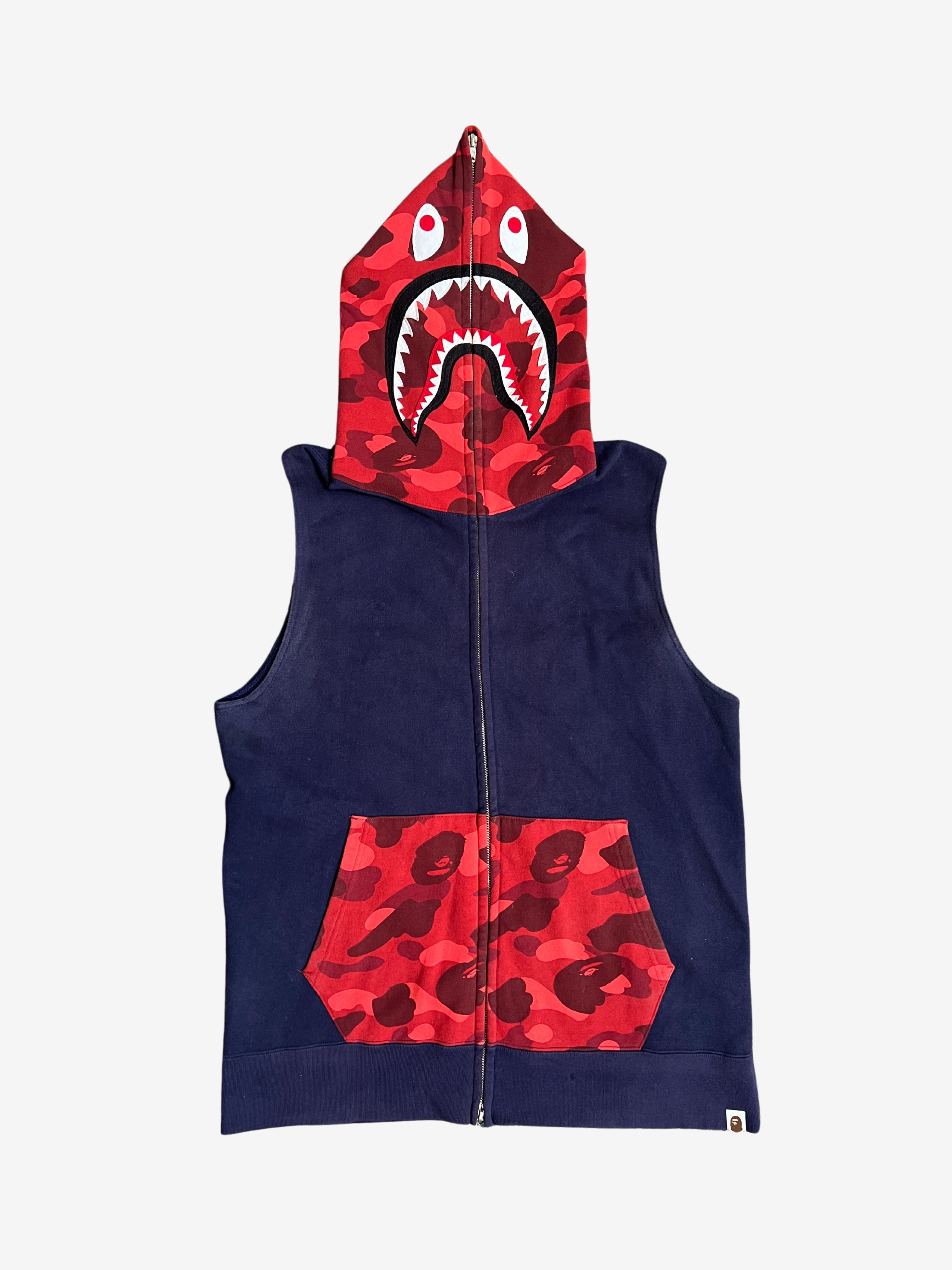 BAPE Navy Red Camo Head Sleeveless Full Zip Up Shark Hoodie HYPEVAULT