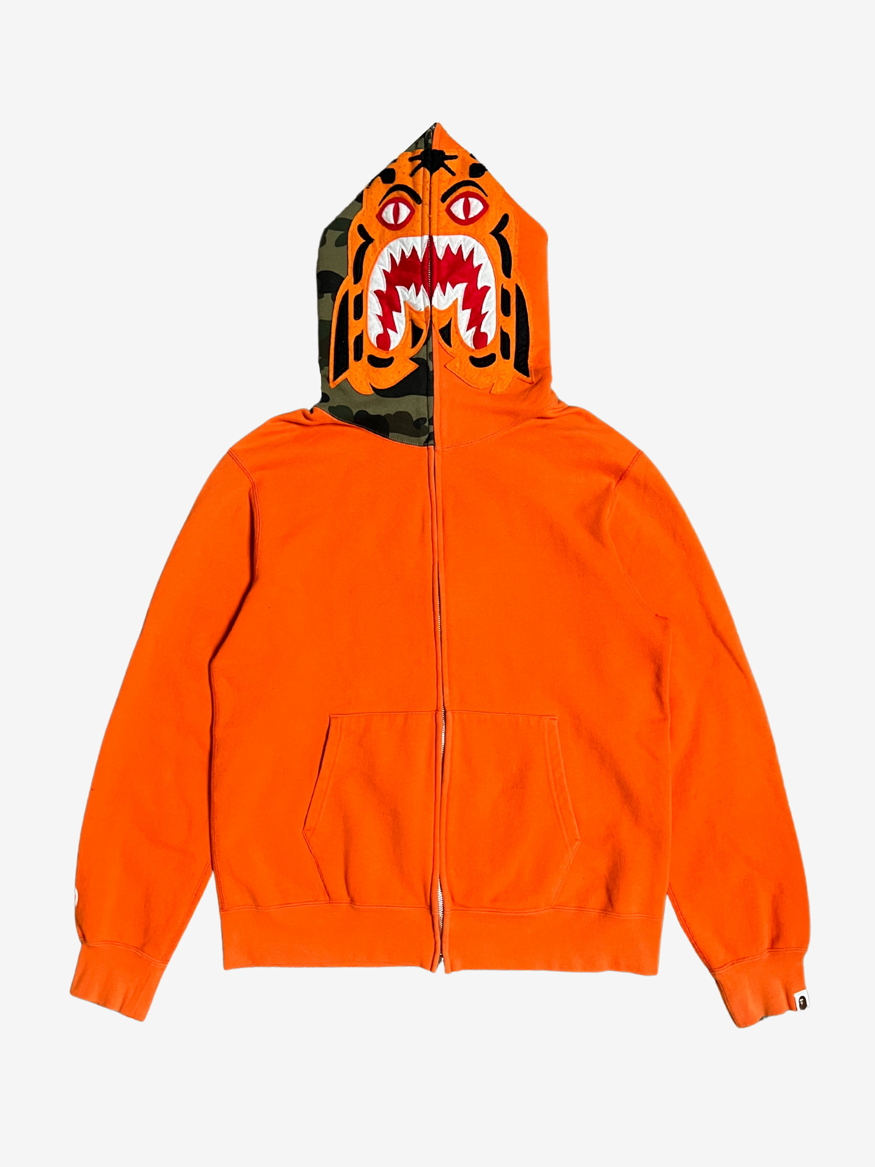 BAPE Orange Half Camo Full Zip Up Tiger Shark Hoodie