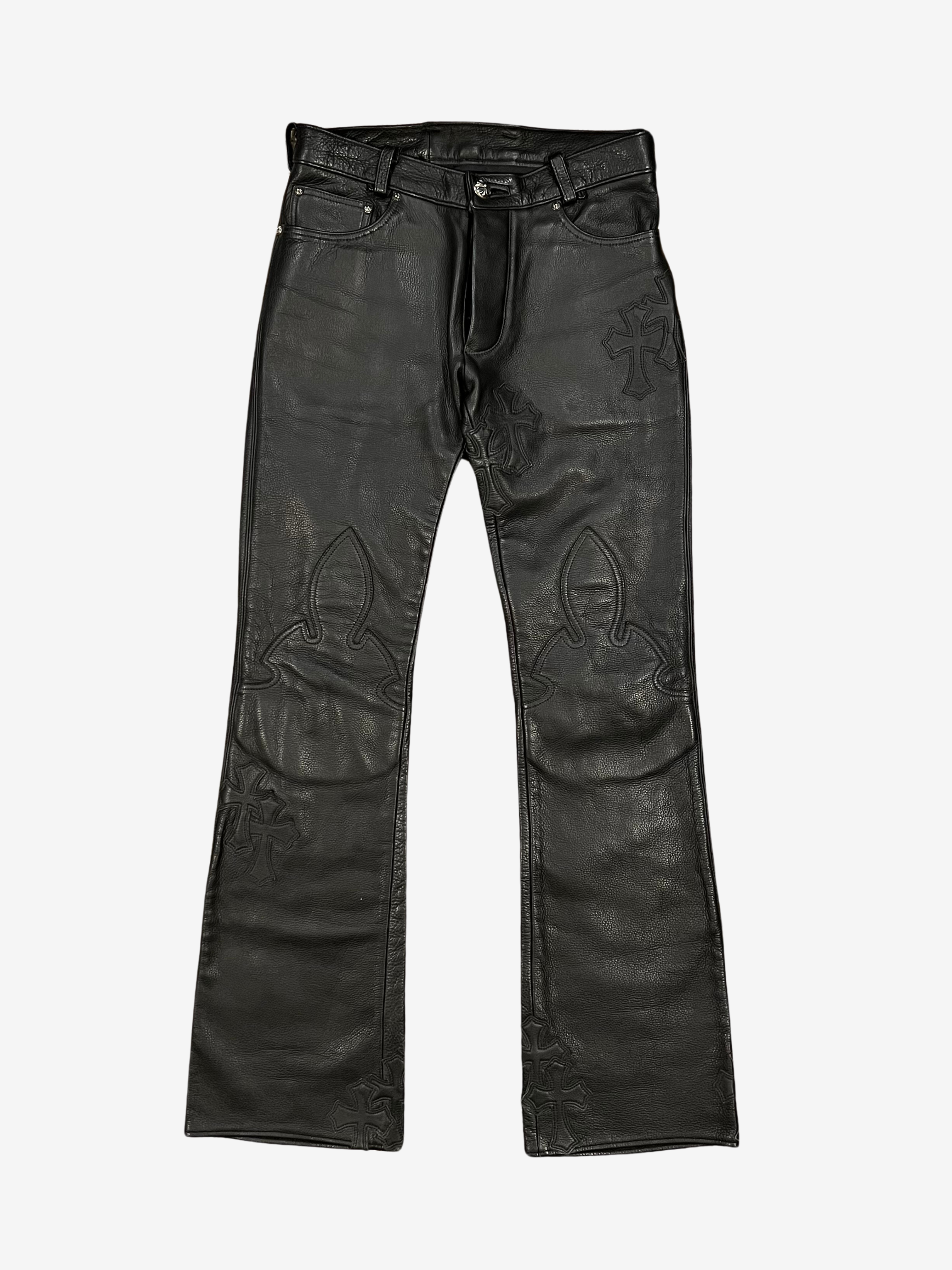 Chrome Hearts Black 18 Cementery Cross Patch Leather Fleur Pants