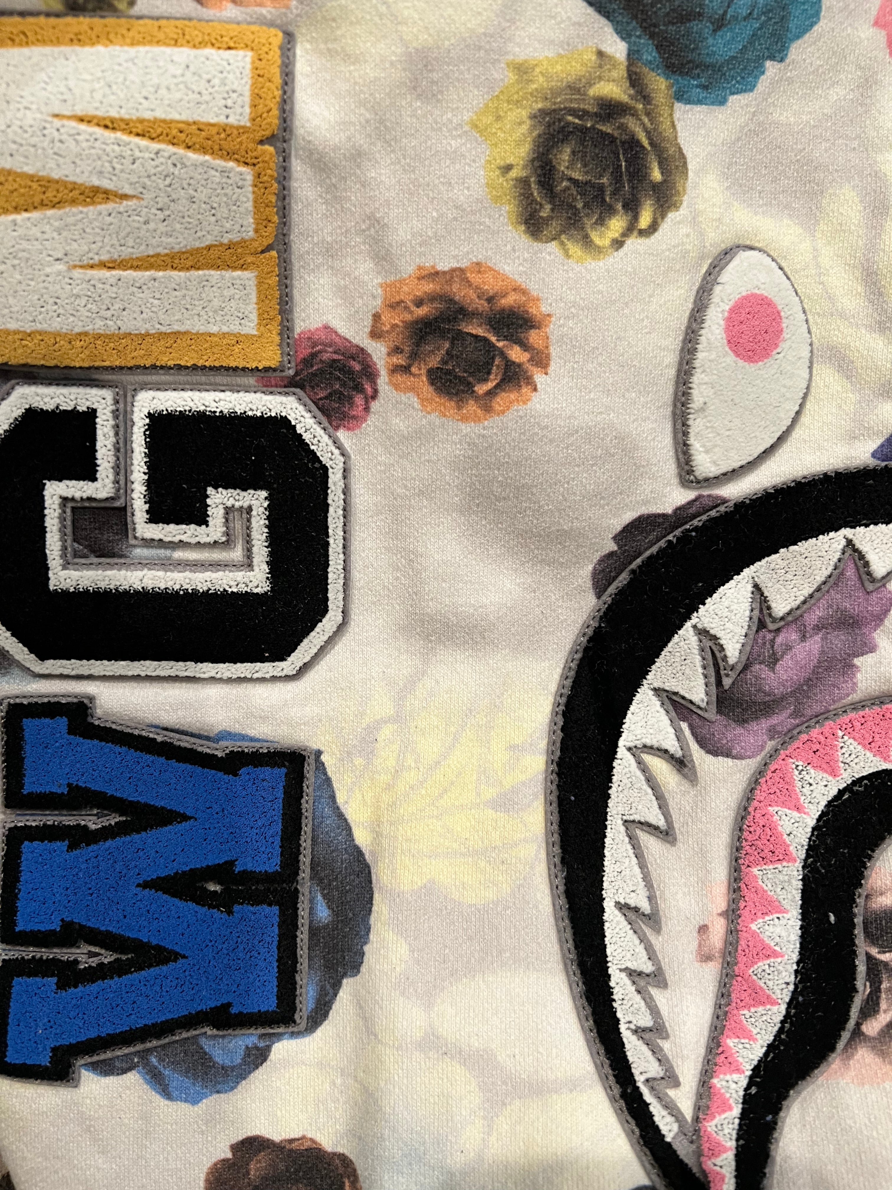 White Flower Print Full Zip Up Shark Hoodie