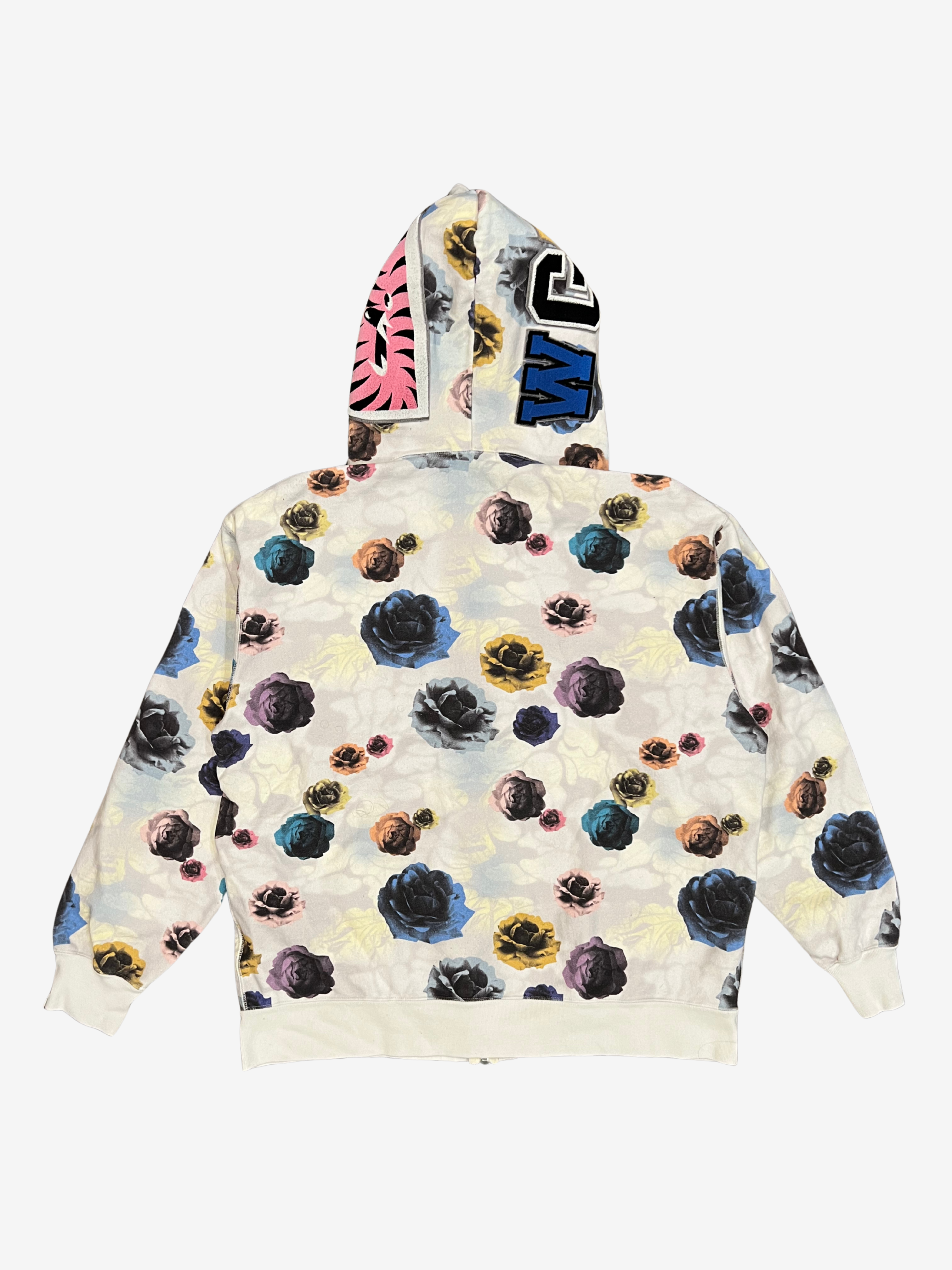 White Flower Print Full Zip Up Shark Hoodie