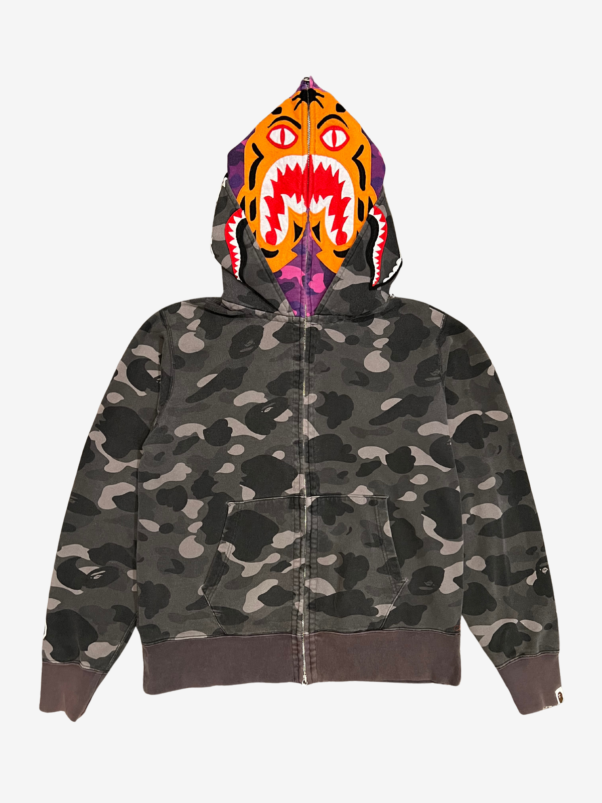 BAPE Black Double Purple Camo Tiger Shark Full Zip Up Shark Hoodie