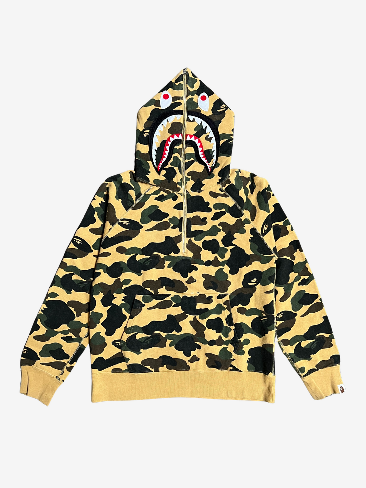 BAPE Yellow 1st Camo PONR Half Zip Up Shark Hoodie