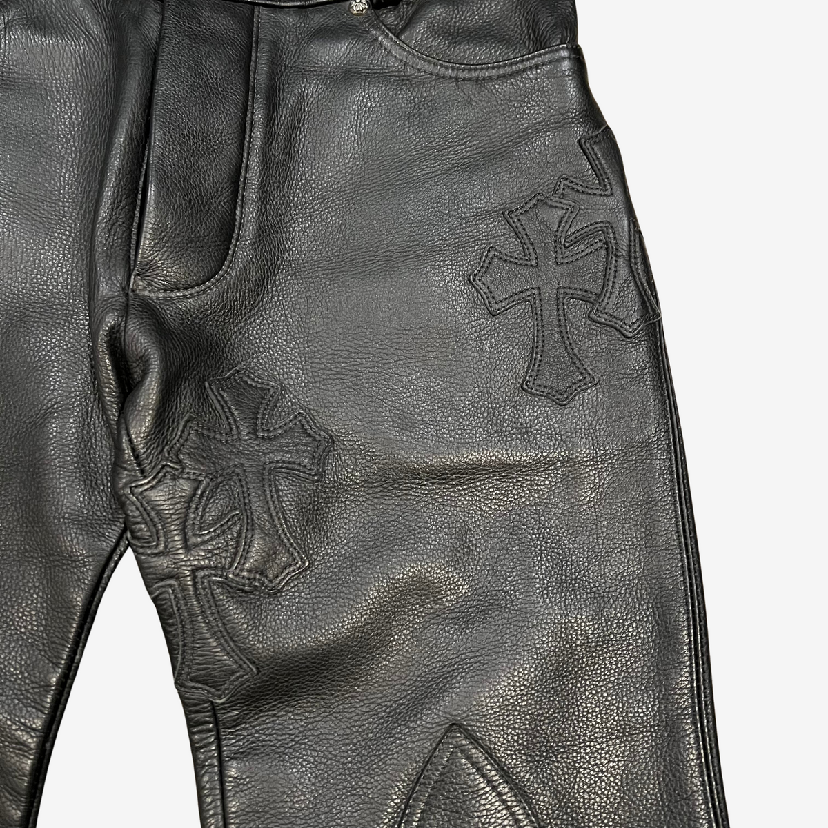 Chrome Hearts Black 18 Cemetery Cross Patch Leather Fleur Pants 4