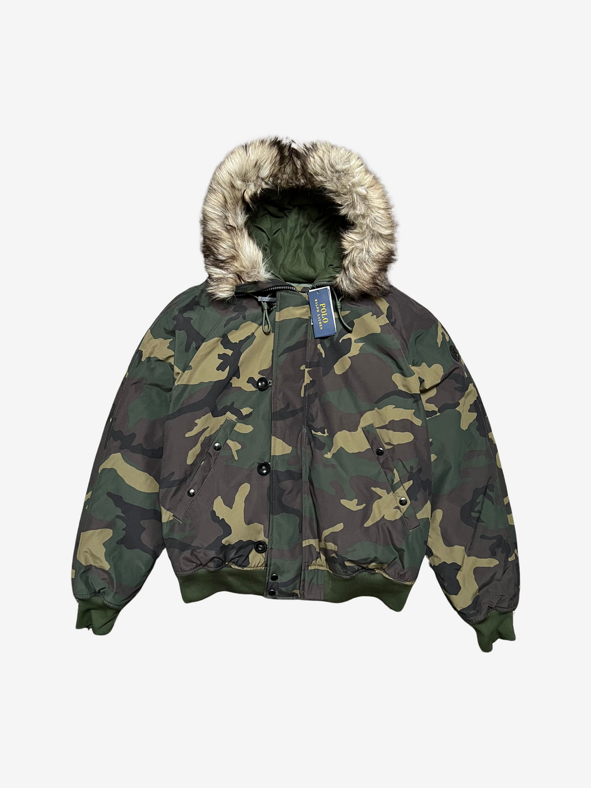 Polo Ralph Lauren Green Camo Fur Hoodie Puffer Jacket