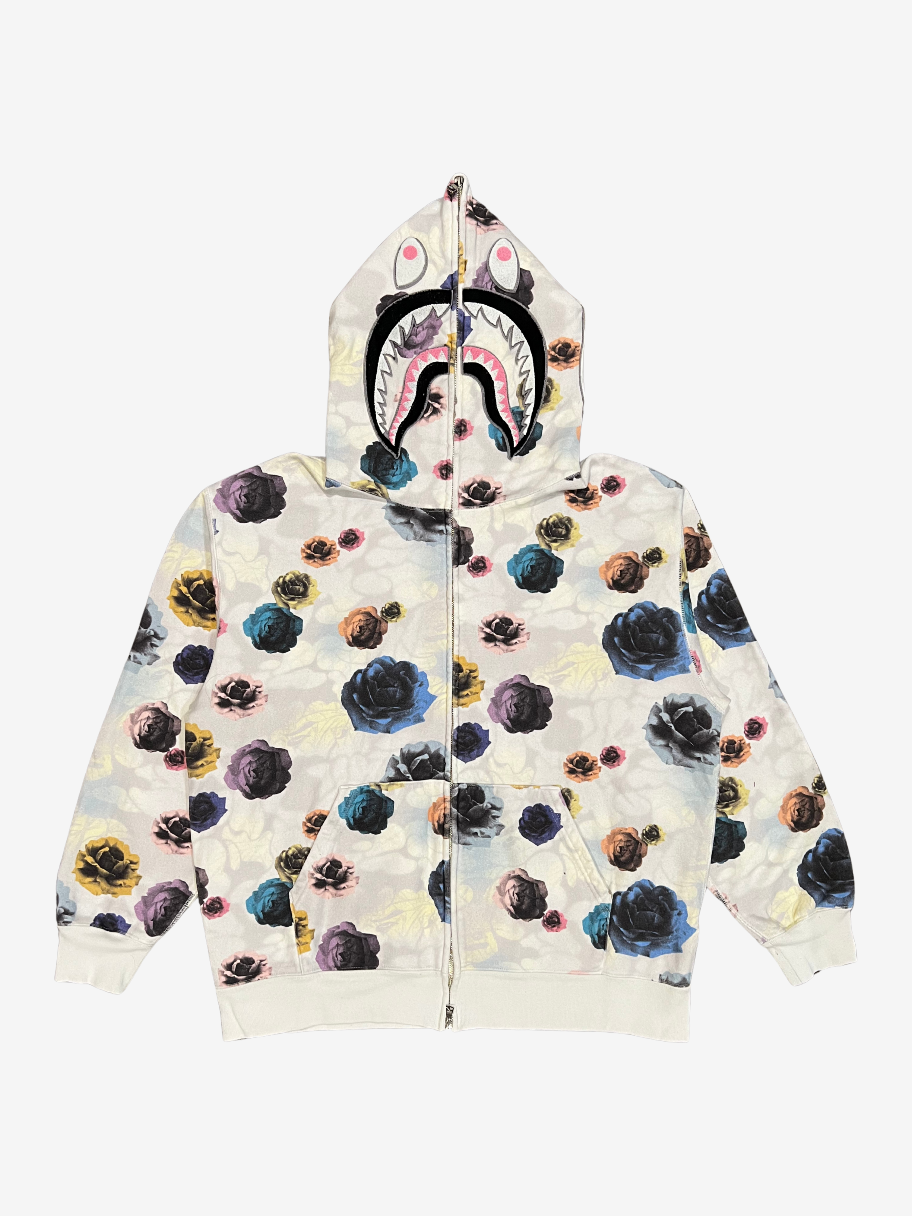 White Flower Print Full Zip Up Shark Hoodie