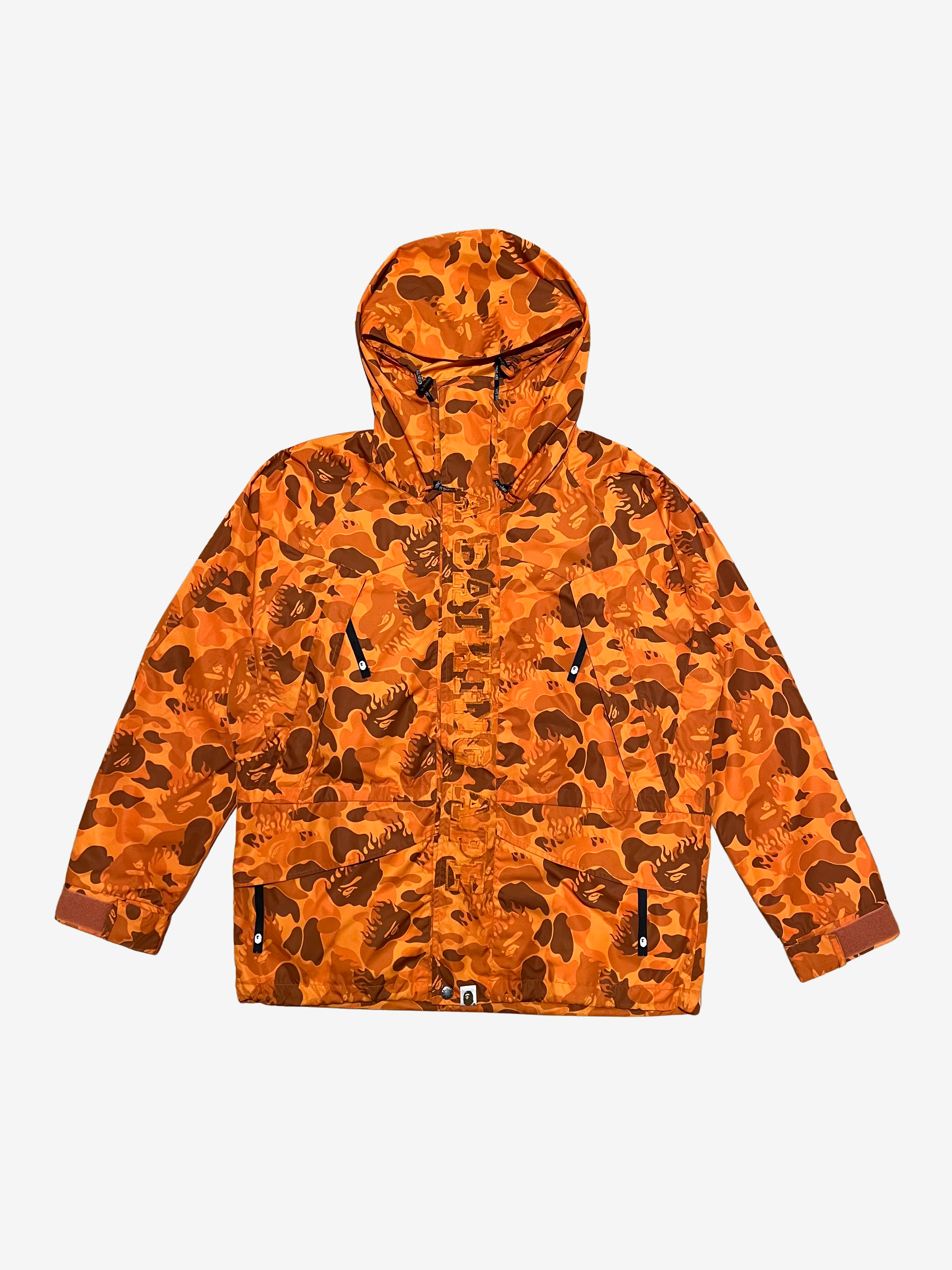 BAPE Orange Nigo Flame Camo Snowboarding Jacket HYPEVAULT