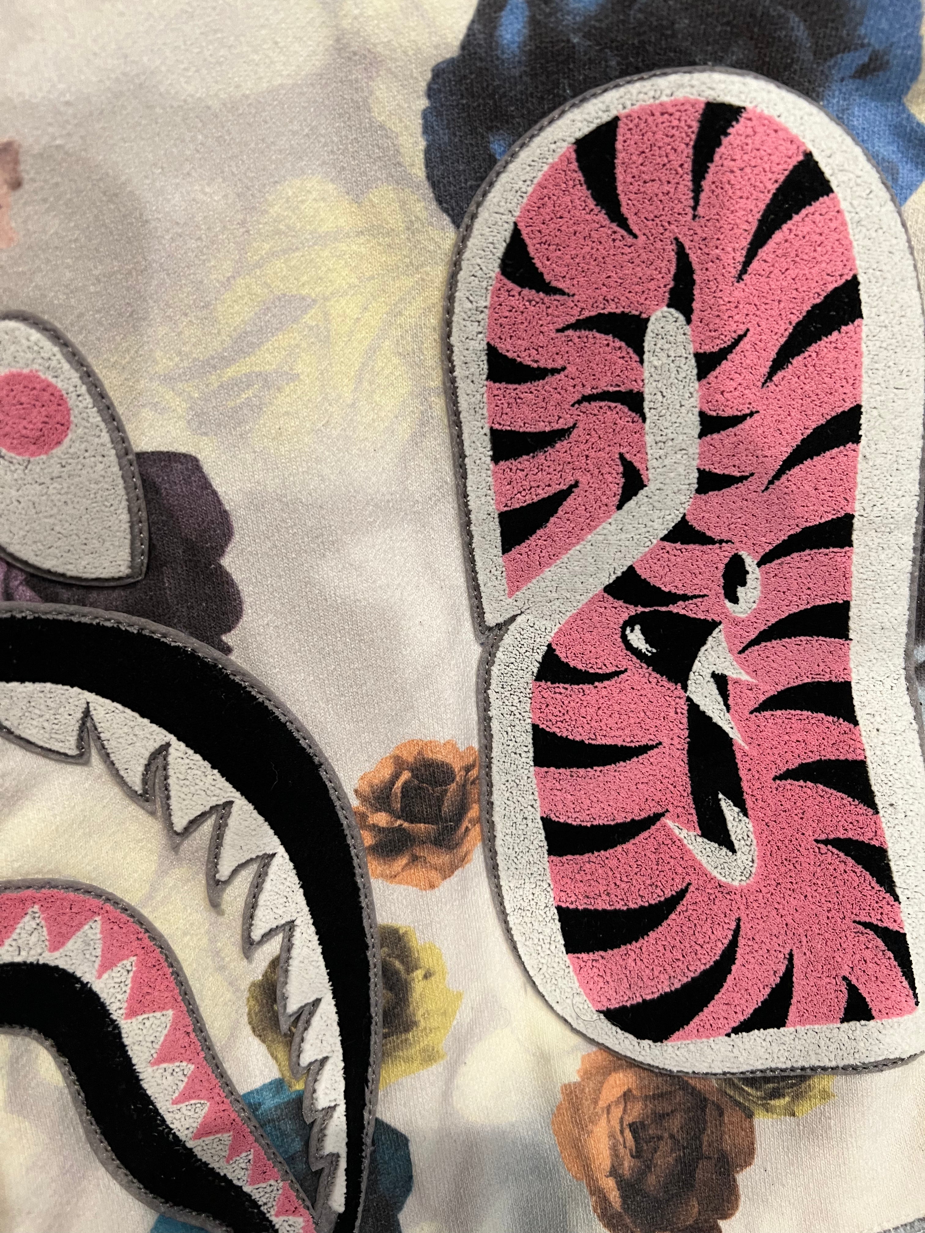 White Flower Print Full Zip Up Shark Hoodie