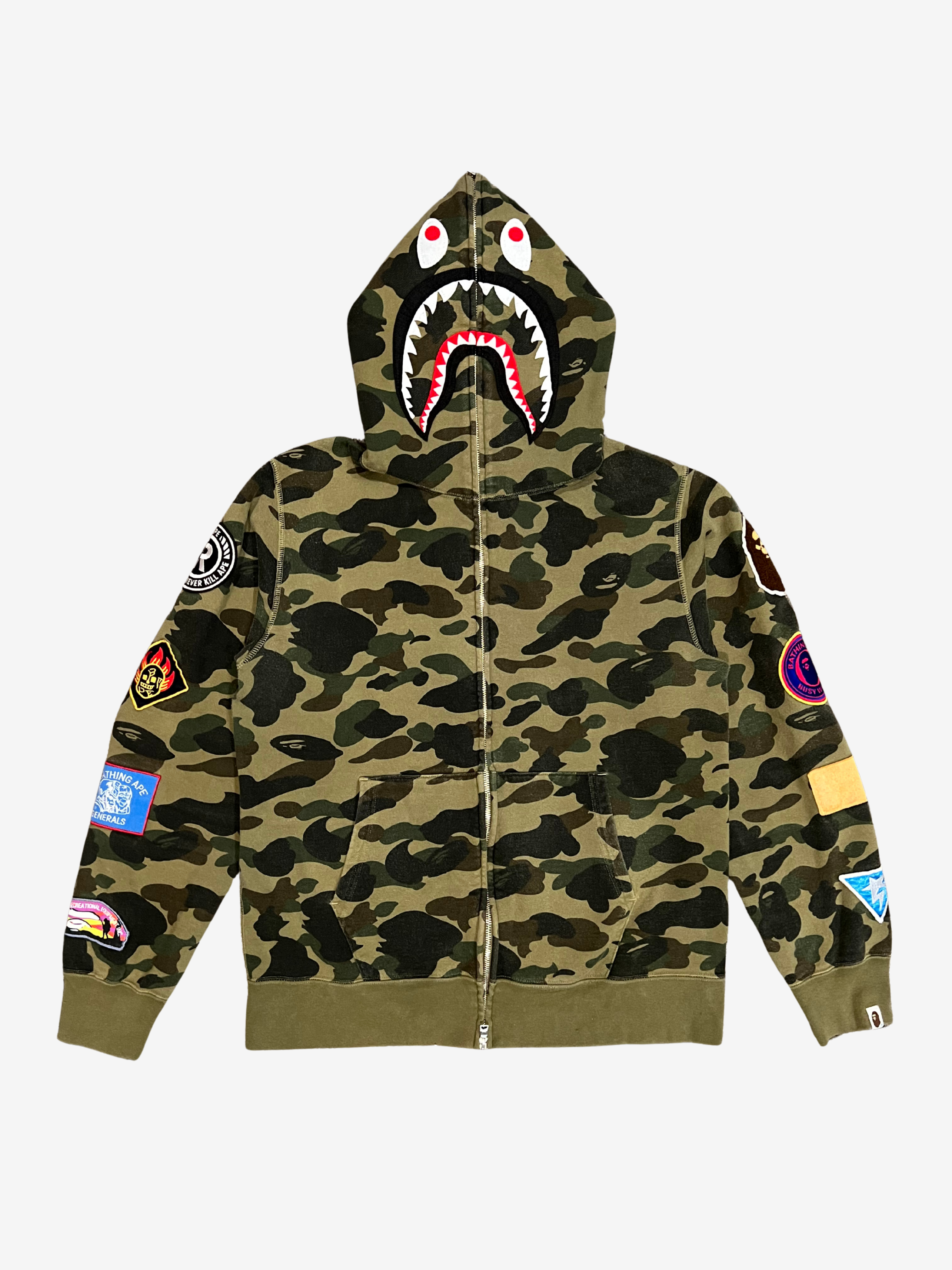 Green First Camo Patches Full Zip Up Shark Hoodie
