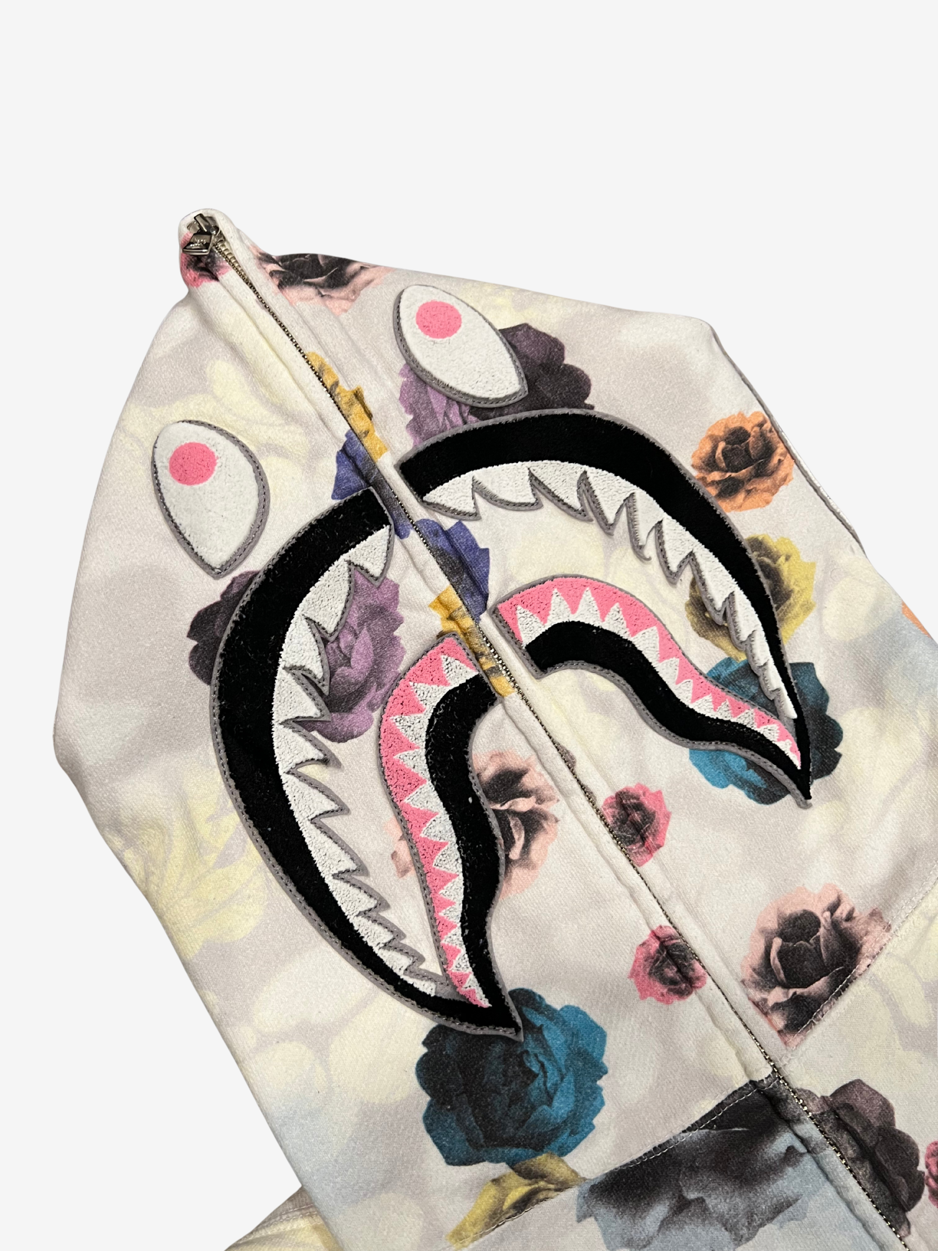 White Flower Print Full Zip Up Shark Hoodie