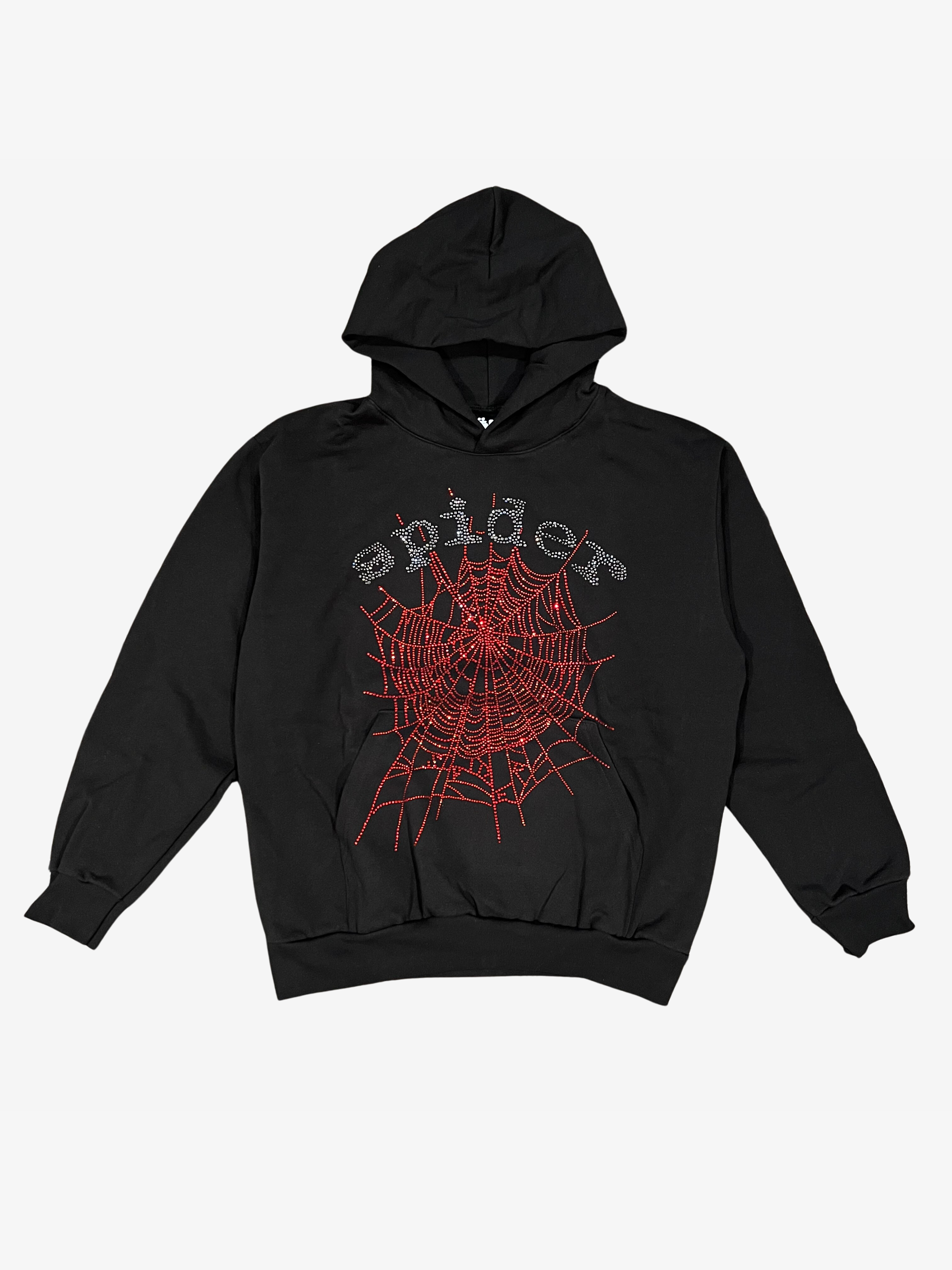 Sp5der Black Rhinestone Web Logo Hoodie