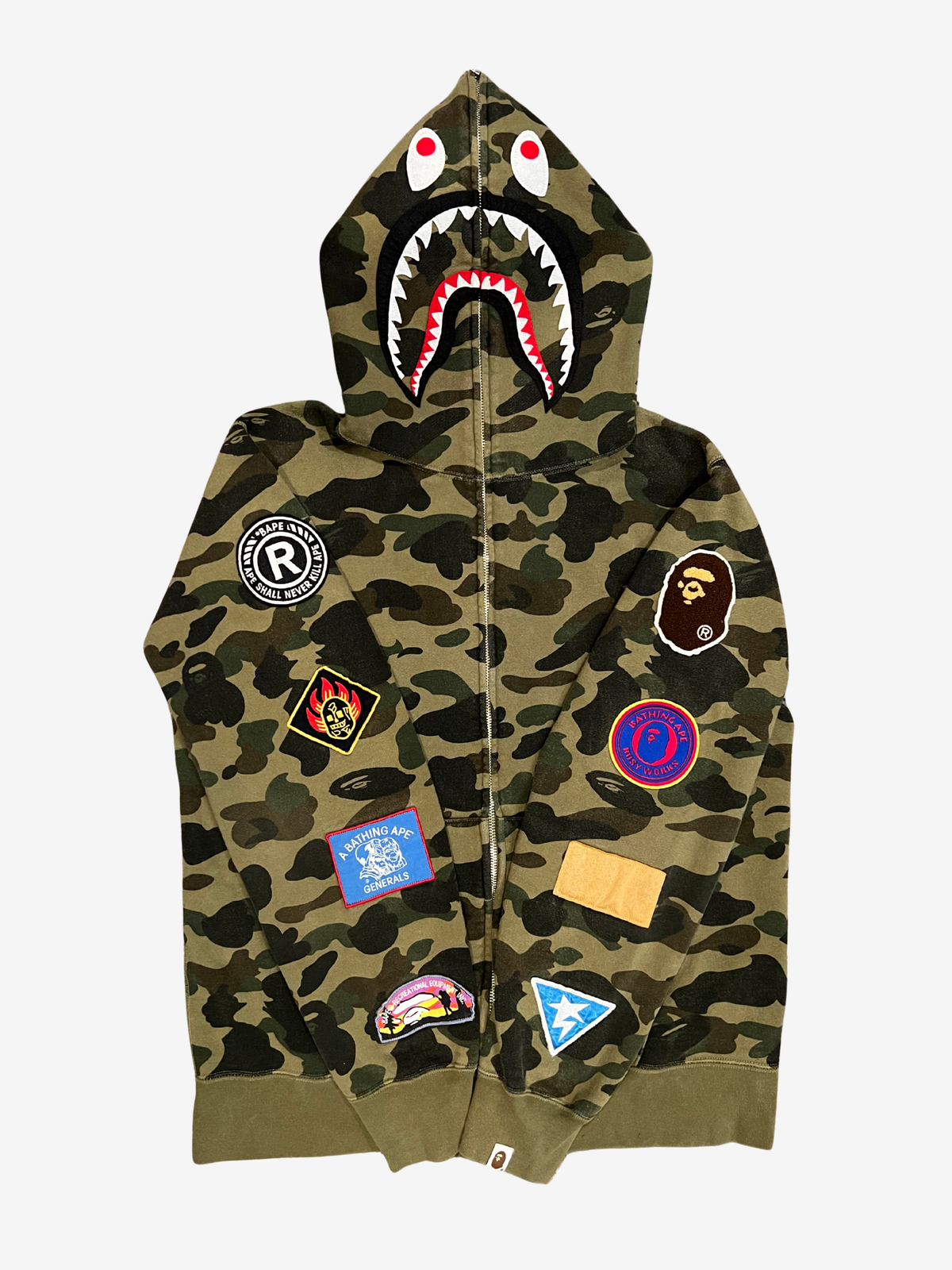 BAPE Green First Camo Patches Full Zip Up Shark Hoodie 3