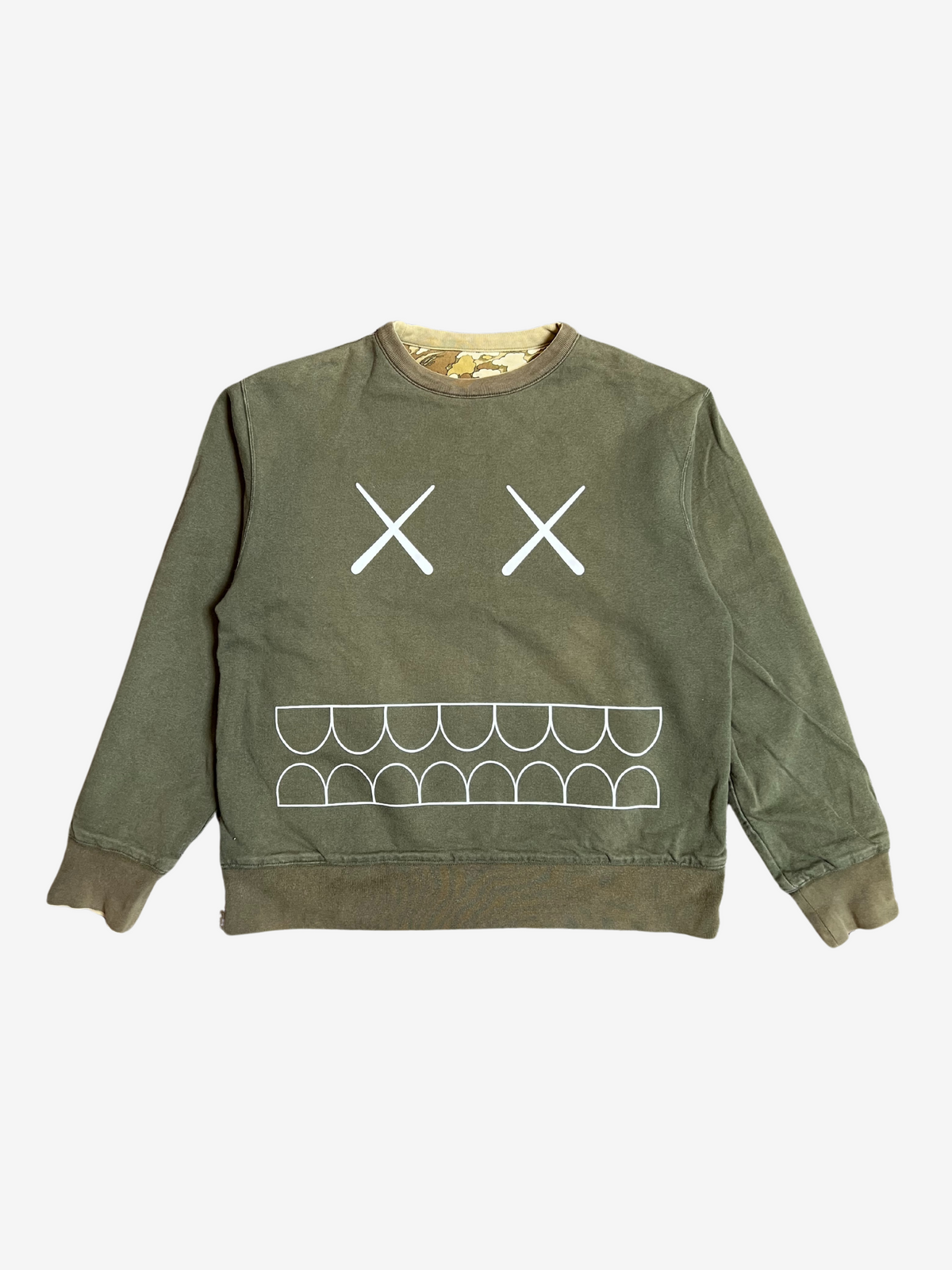 BAPE x Kaws Mustard/Olive Cloud Camo Chomper Reversible Crewneck 3