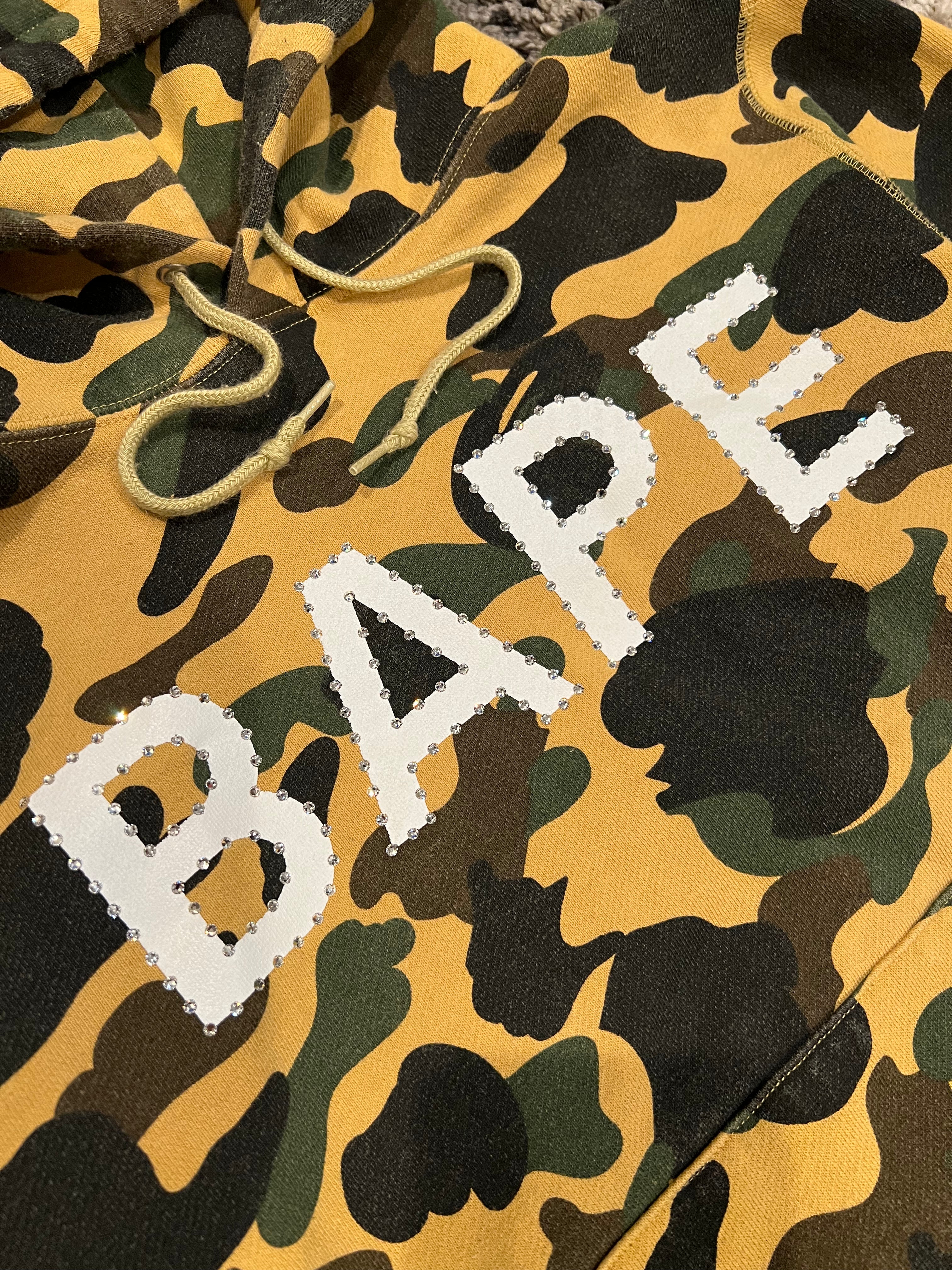 BAPE Yellow First Camo Swarovski Spellout Pullover Hoodie 3