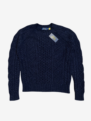 Navy Cotton Knit Braided Crewneck