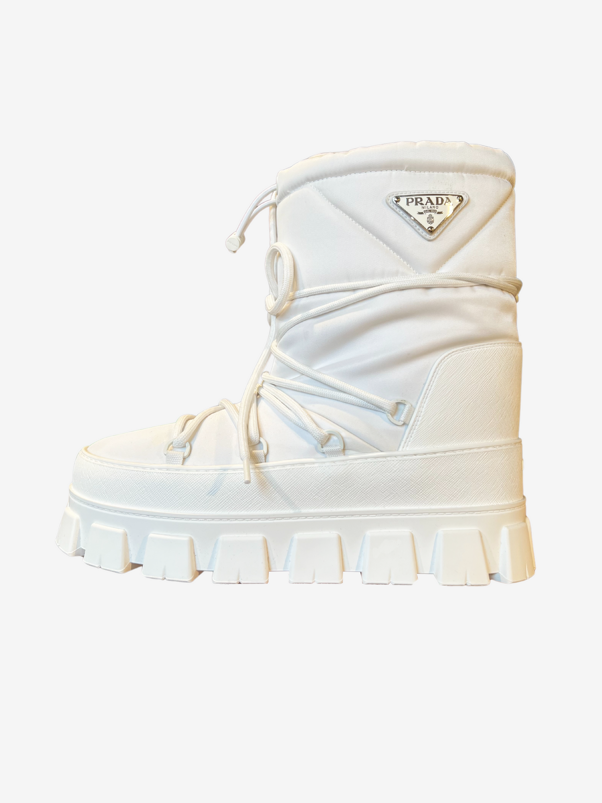 Prada White Triangle Leather Logo Boots